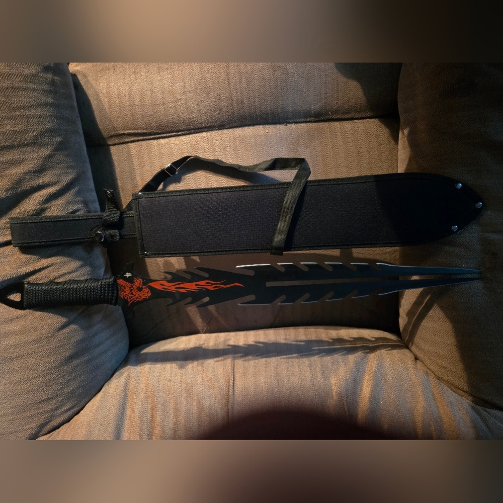 Black and Red Serrated Machete with Sheath